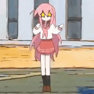 a cartoon girl with pink hair is standing in front of a building with stars in her eyes .
