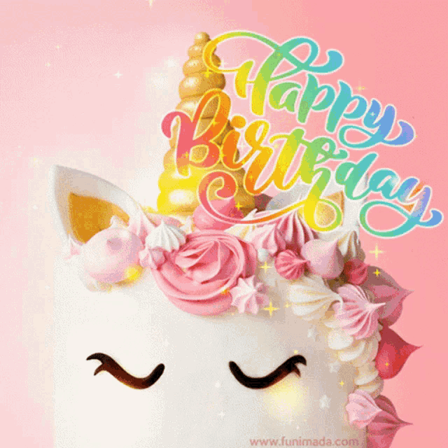 a unicorn cake with the words happy birthday on top of it