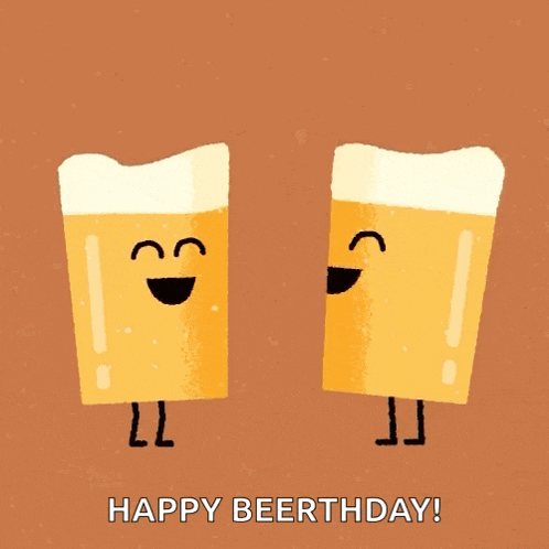 two glasses of beer are standing next to each other with the words happy beerthday written on the bottom