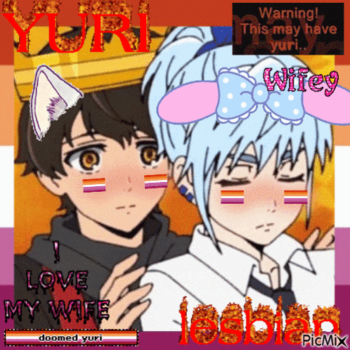 a couple of anime characters standing next to each other with the words love my wife