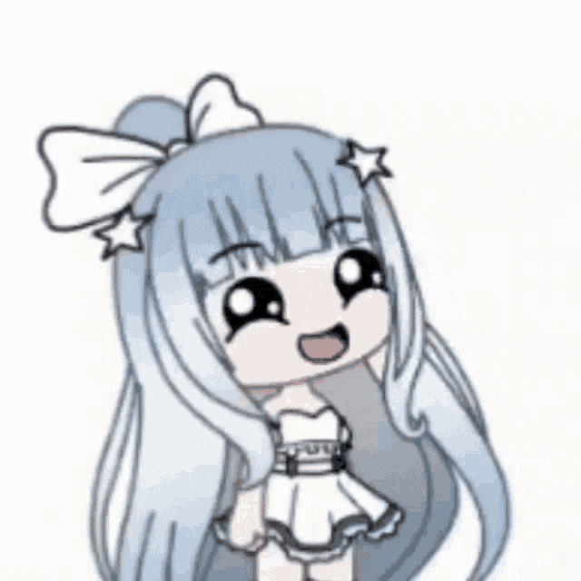 a cartoon girl with blue hair and a white bow on her head is wearing a white dress .
