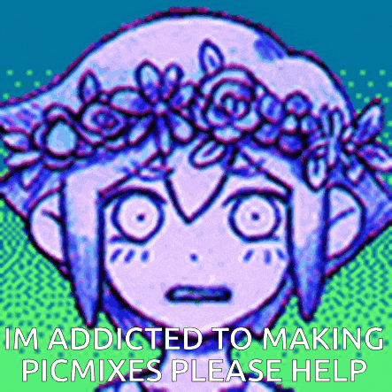 a cartoon of a girl with a flower crown on her head and the words `` im addicted to making picmixes please help ''