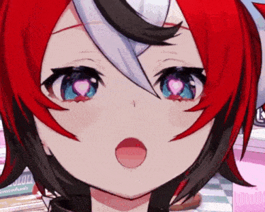 a close up of a anime girl 's face with red hair and heart shaped eyes .