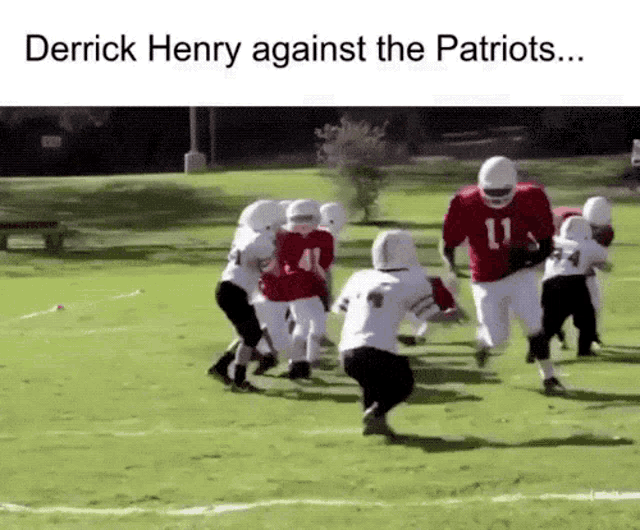 a group of young boys are playing football on a field with the words derrick henry against the patriots