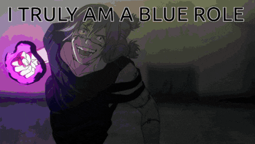 a cartoon character is pointing at the camera with the words i truly am a blue role