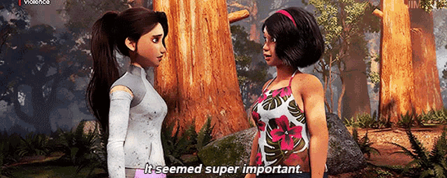 two women are standing next to each other in a forest and one of them is saying it seemed super important