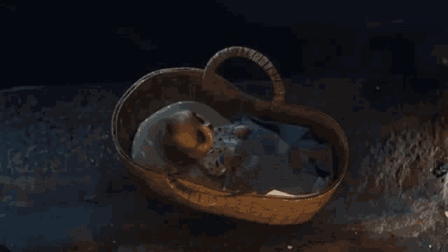 a baby is sleeping in a wicker crib on a concrete surface .