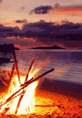 a fire is burning on a beach with a sunset in the background