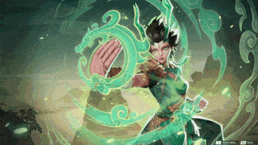a video game screen shows a woman in a green outfit holding a green object