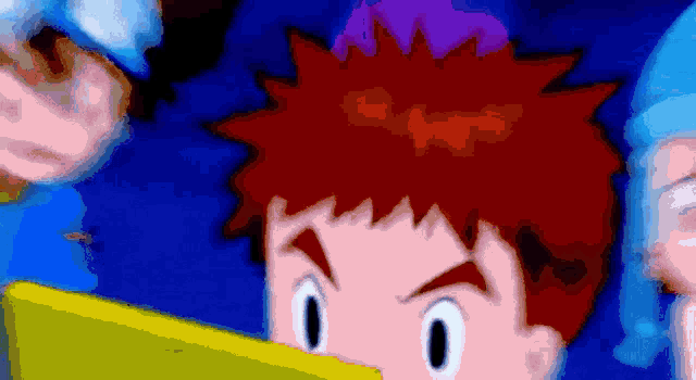 a cartoon character with red hair is looking at a yellow object