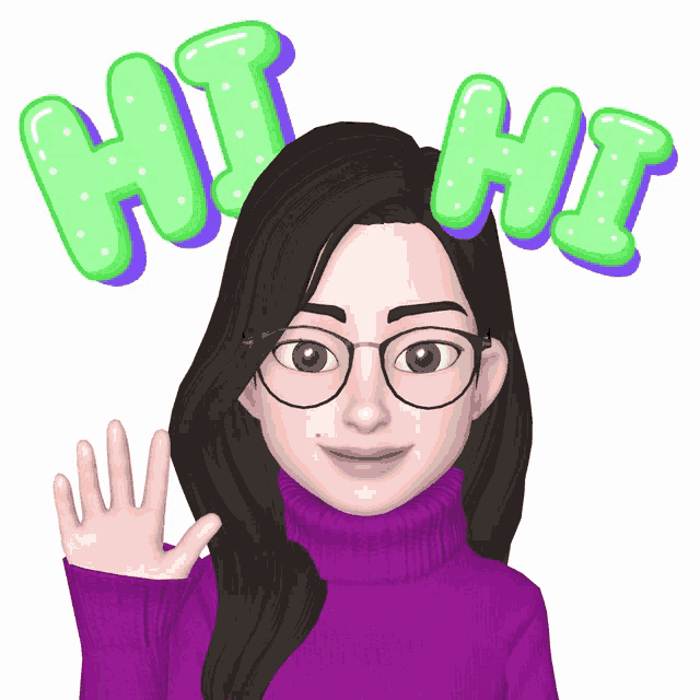 a woman wearing glasses and a purple sweater says hi hi in green letters