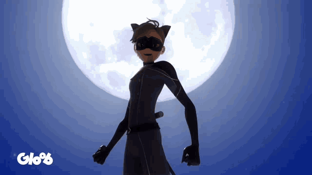 a cartoon character is standing in front of a full moon with globe written on the bottom