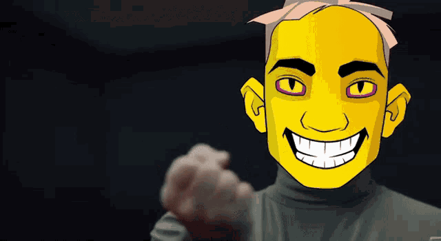 a cartoon character with a yellow face and a purple eye