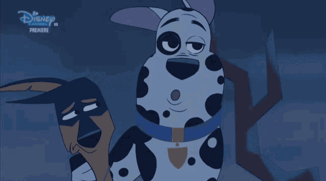 a dalmatian dog is sitting next to another dalmatian dog on a disney channel advertisement