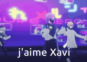 a group of anime characters are dancing on a stage with the words j 'aime xavi written on the bottom