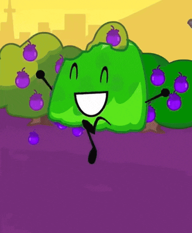 a cartoon drawing of a green object with a smile on its face surrounded by purple berries