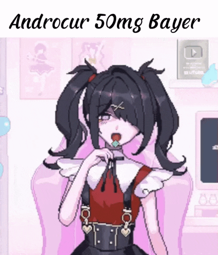 a pixel art of a girl with a lollipop in her mouth and the words androcur 50mg bayer below her