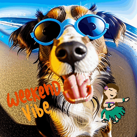 a dog wearing sunglasses with the words weekend vibe written below it
