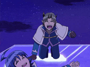 a cartoon character with horns is kneeling down next to another character with horns