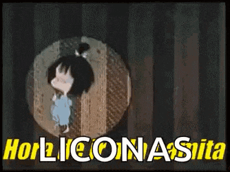a cartoon of a girl standing in front of a wooden wall with the words `` holiconasita '' written on it .