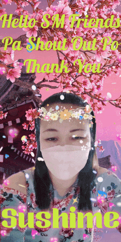 a woman wearing a mask with flowers on her head says hello sm friends pa shout out to thank you sushime