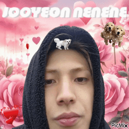 a picture of a man with a dog on his head with the words jooyeon nenene on the bottom
