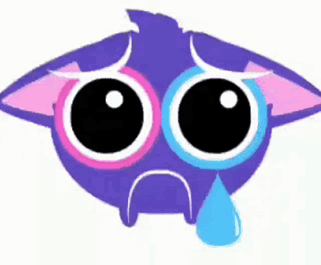 a purple cartoon character is crying with a blue tear coming out of its eyes .