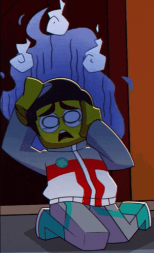 a cartoon character is kneeling down and covering his ears with his hands