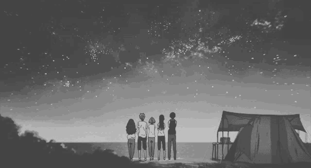 a group of people standing in front of a tent looking at a starry sky