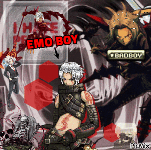 a collage of anime characters with the words emo boy in red letters