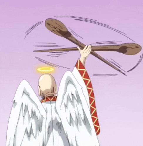 a bald angel with white wings is holding a wooden stick above his head