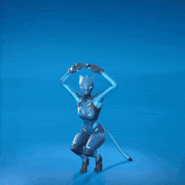 a woman in a blue cat suit is standing with her arms outstretched on a blue background