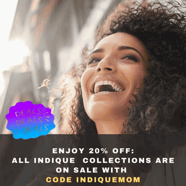 a woman with curly hair is laughing with the words enjoy 20 % off all indicque collections are on sale with code indicuemom below her