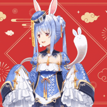 a girl with bunny ears is wearing a blue dress and hat
