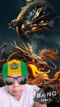 a man wearing a hat that says cricket stands in front of a dragon