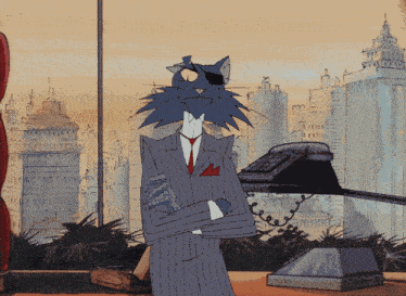 a cartoon of a cat in a suit standing next to a phone