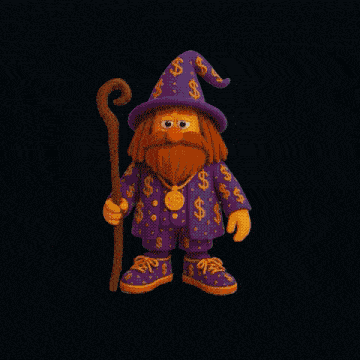 a cartoon character with a beard wearing a purple outfit with dollar signs and holding a cane