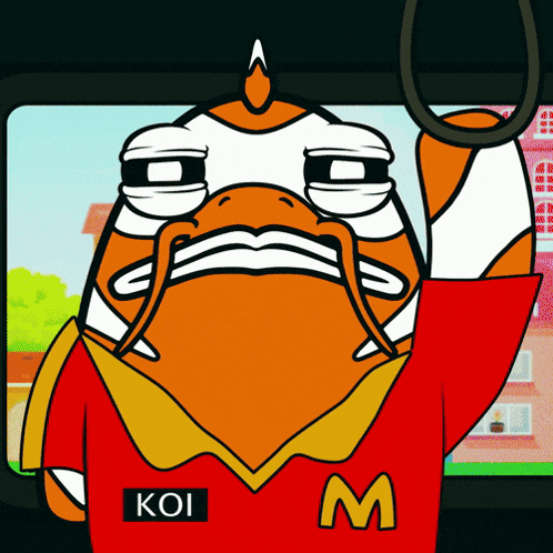 a cartoon fish wearing a red and yellow shirt with the letter m on it