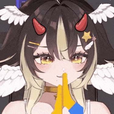 a girl with horns and wings has a yellow object in her hand
