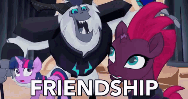 a group of ponies are standing next to each other and the word friendship is written above them .