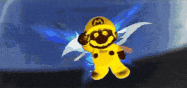 a pixel art of a yellow mario with the letter m on his head