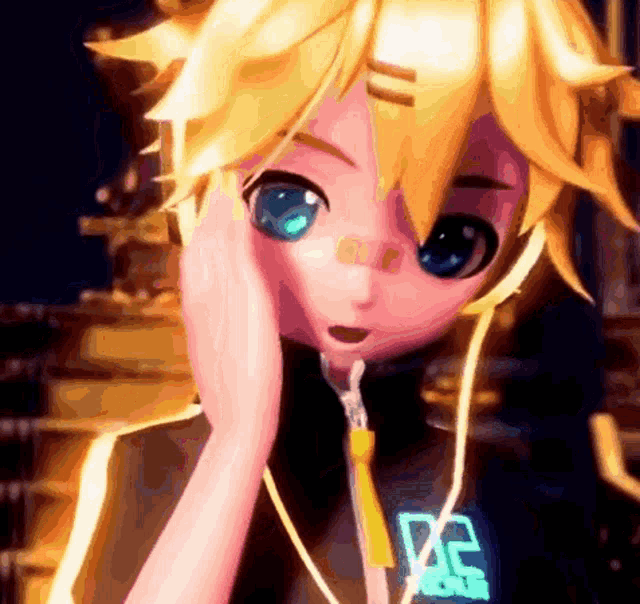 a close up of a anime character wearing headphones and a shirt that says ' de ' on it