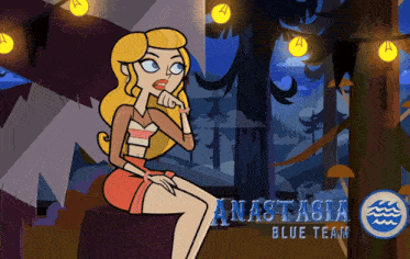 a cartoon of a woman sitting on a stump with anastasia blue team written on the bottom right