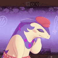 a cartoon drawing of a purple and white animal with a red hat on