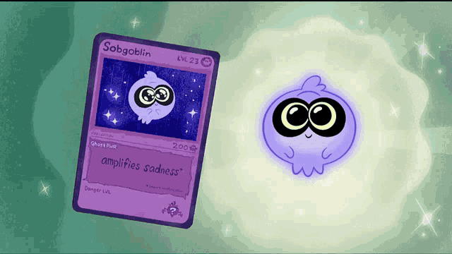 a card that says sabgoblin on it next to a card that says " amplifies sadness "