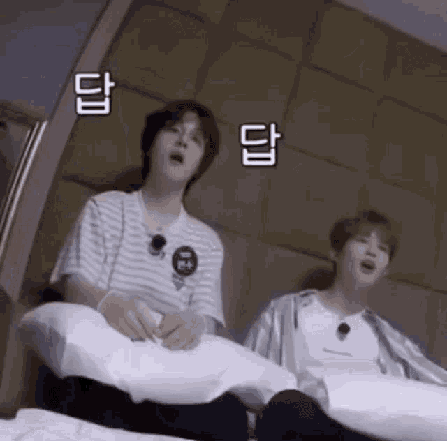 two young men are sitting on a bed with pillows and one of them is wearing a striped shirt .