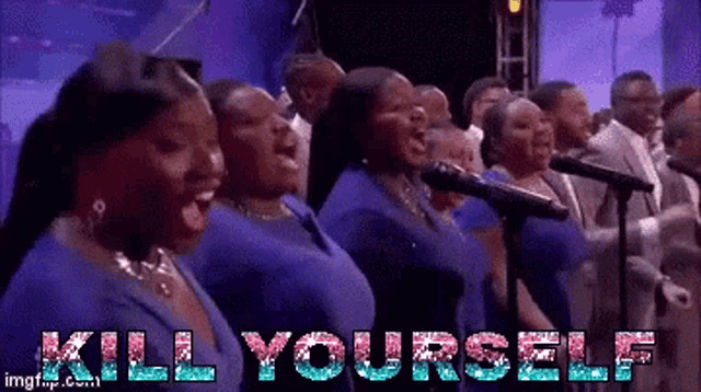 a group of people singing in front of microphones with the words kill yourself written in blue
