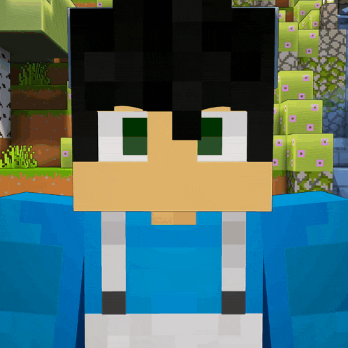 a close up of a minecraft character with green eyes