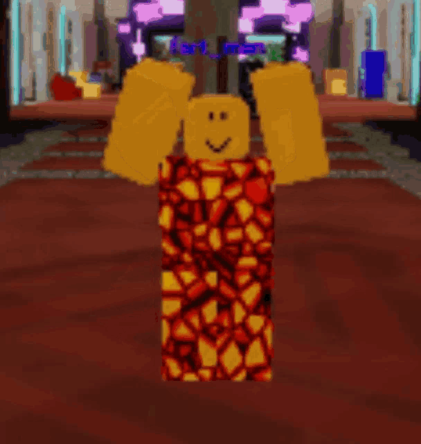 a roblox character is standing in a room with his arms outstretched and wearing a lava outfit .
