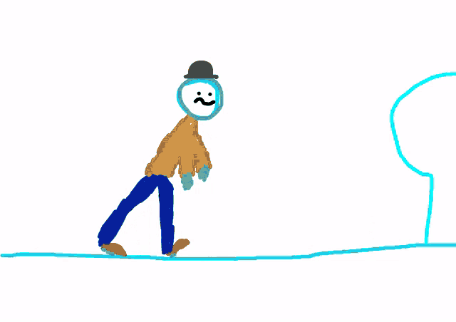 a drawing of a man pushing a large object with a sad face on his face